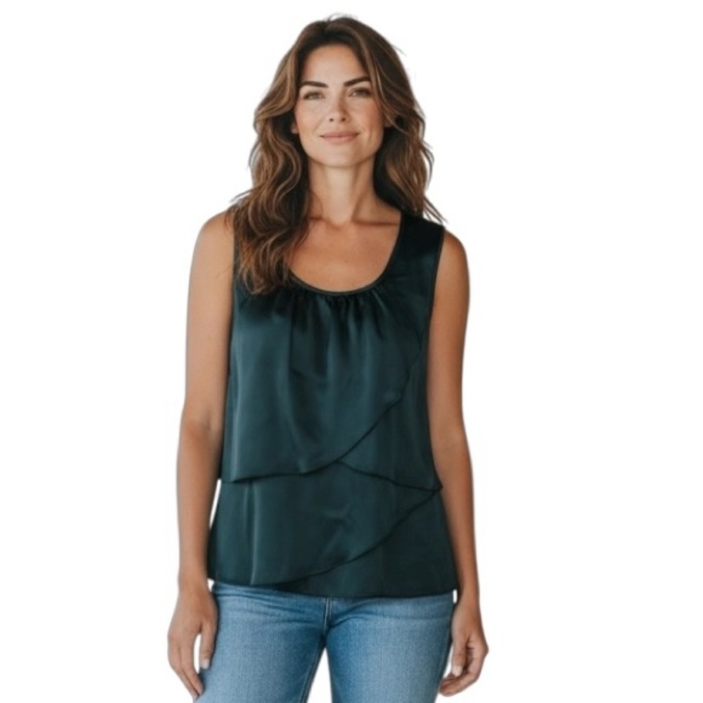 Talbots SILK Sleeveless Ruffle Top Blouse Sz 12P Dark Spruce Green Business NWT